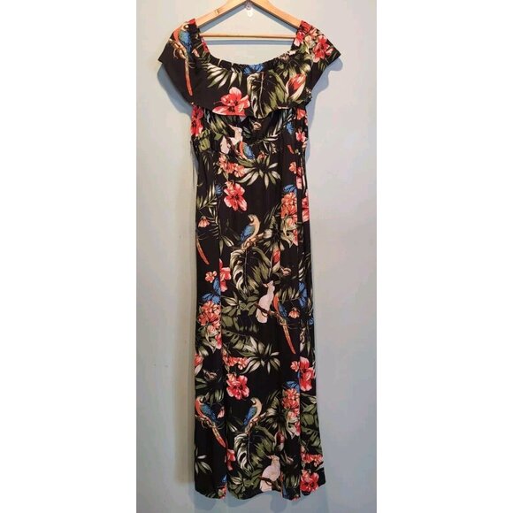 New Tropical Floral Bird Flutter Sleeve Maxi Dress Sz L Vacation Resort - Picture 4 of 8